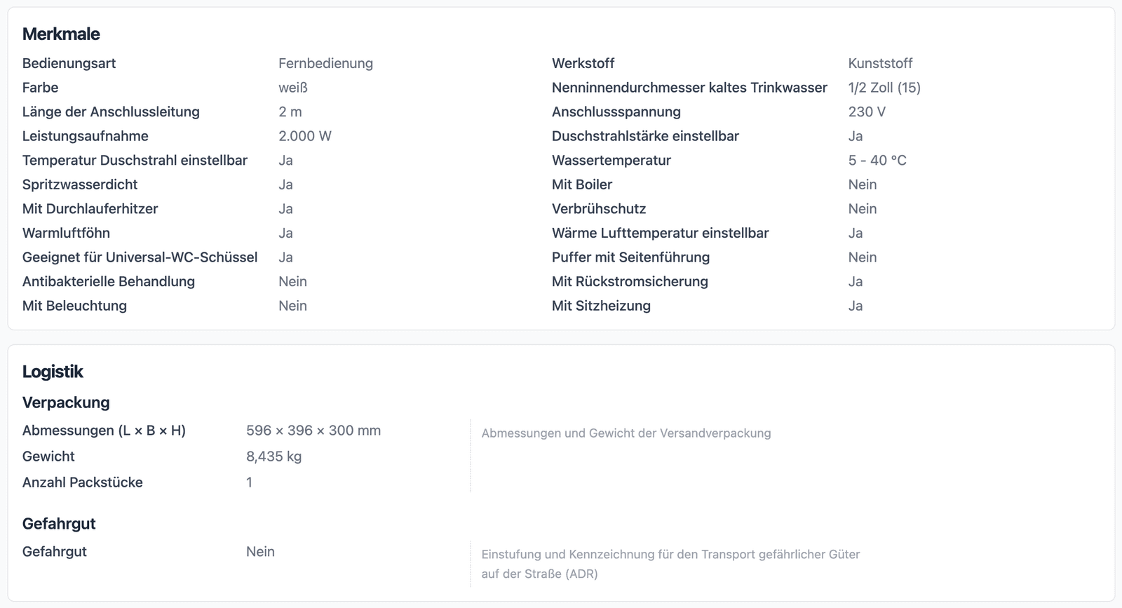 Merkmale & Logistik