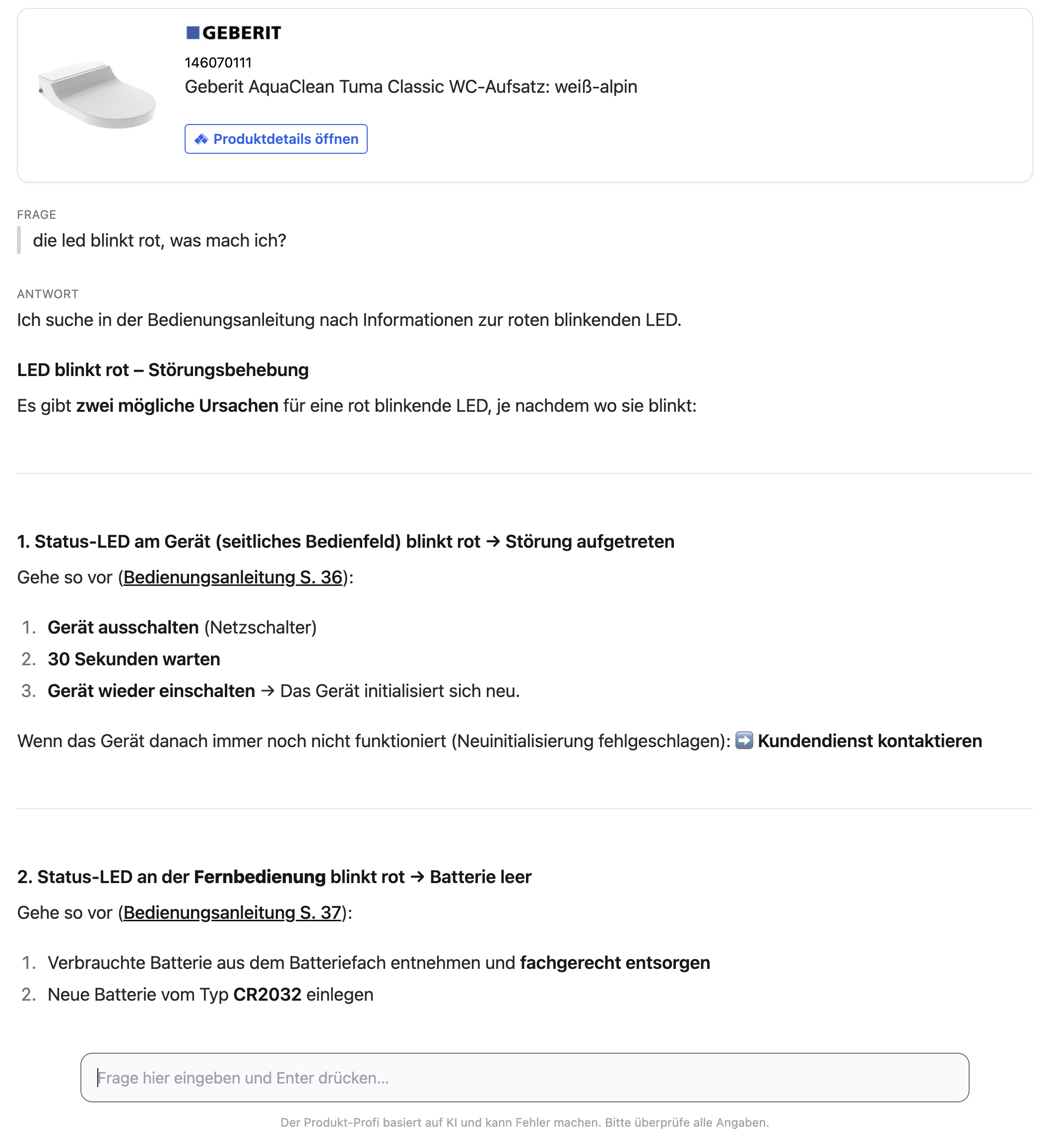 Produkt-Profi hilft bei einer rot blinkenden LED eines Geberit AquaClean